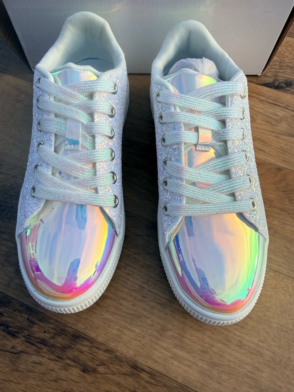 Women’s Iridescent White Glitter Sneakers - Stylish Everyday Shoes